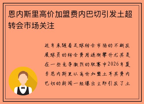 恩内斯里高价加盟费内巴切引发土超转会市场关注