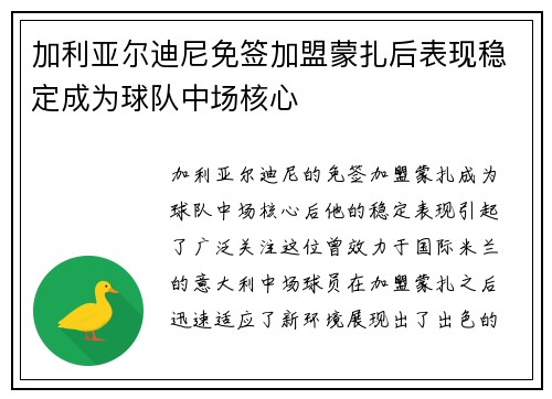 加利亚尔迪尼免签加盟蒙扎后表现稳定成为球队中场核心 加利亚尔迪尼免签加盟蒙扎后表现稳定成为球队中场核心