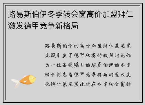 路易斯伯伊冬季转会窗高价加盟拜仁激发德甲竞争新格局